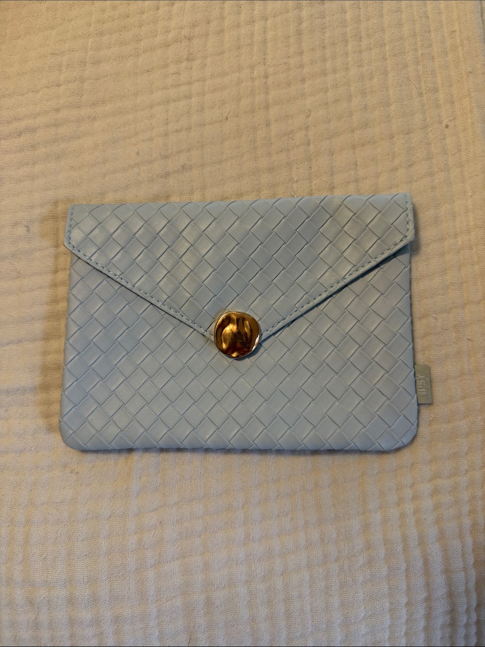 ipsy Light Blue Woven Envelope Clutch with Gold Button